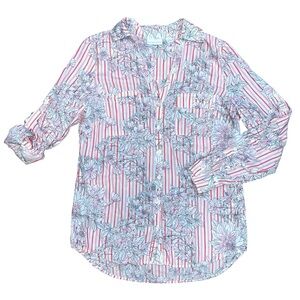 NY&Co Roll Tab Sleeves Striped Floral Button Down Shirt Medium Collared Light